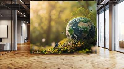 Image of a bird flying over a sphere of lush green earth bathed in the morning sun. Wall mural