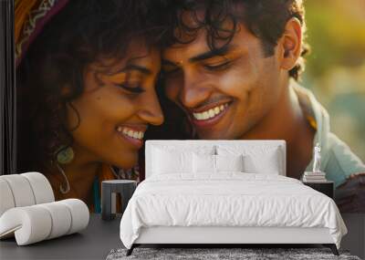 Indian couple smiling and cuddling. Wall mural