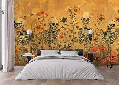 Skeletons with flowers growing from their heads and bodies on vintage paper.. Wall mural