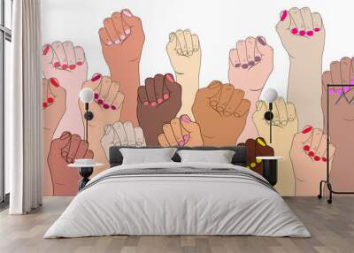 Female hands on a white background. A symbol of the feminist movement, struggle and resistance. Vector illustration concept of International women feminism. Female fingers with manicure isolated. Wall mural