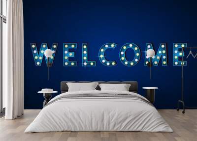 Word welcome on blue background. Vintage banner with realistic letters and glowing bulbs.  Wall mural