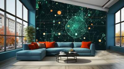 Wave of dots and weave lines. Abstract blue background for design on the topic of cyberspace, big data, metaverse, network security, data transfer on dark blue abstract cyberspace background Wall mural