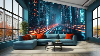 Digital binary data on urban background. Wall mural