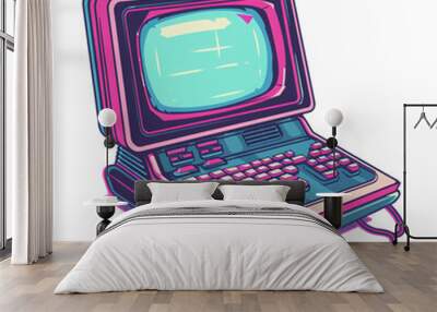 Retro Computer Illustration with Neon Glow Wall mural