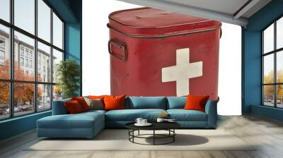 Rustic red first aid kit with a white cross symbol. Wall mural