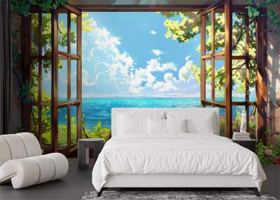 via a lovely window, the sea is visible. Wall mural