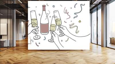 Continuous line champagne cheers one line art, continuous drawing contour on white background. 3 Wine glasses with drinks. Cheers toast festive decoration for happiness holidays.  Wall mural