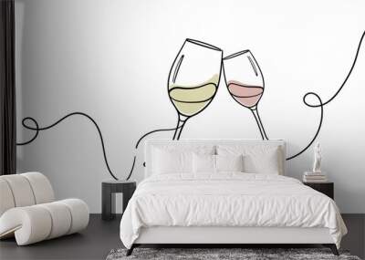 Continuous line champagne cheers one line art, continuous drawing contour.Toasting with wine glasses with drinks. Cheers toast festive decoration for holidays. Vector illustration	 Wall mural