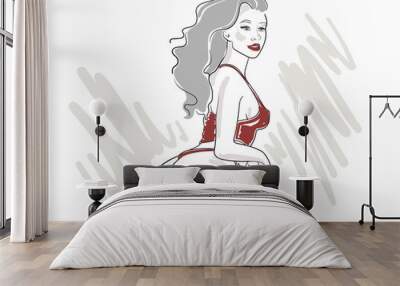 Fashion beauty girl in a red swimsuit. Girl on the beach, summer vector illustration on white background. Wall mural