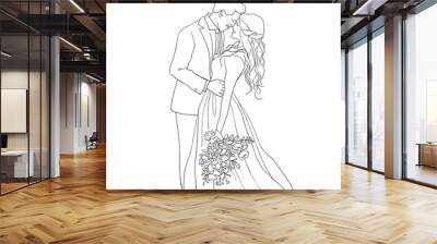 Wedding illustration outline on white background. Husband and wife with a bouquet. Married Wall mural