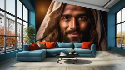 Close-up image of Jesus Christ with a soft smile on His face, radiating kindness and love. Wall mural