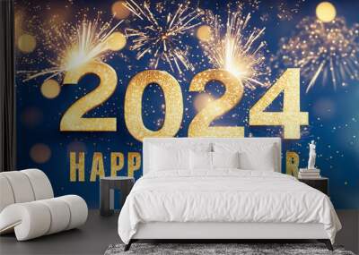 Happy New Year 2024, New Year's Eve firework Sparkler party celebration holiday greeting card with gold year, fireworks and bokeh lights on blue background  Wall mural