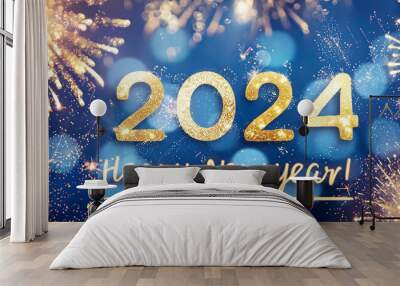 Happy New Year 2024, New Year's Eve firework Sparkler party celebration holiday greeting card with gold year, fireworks and bokeh lights on blue background  Wall mural