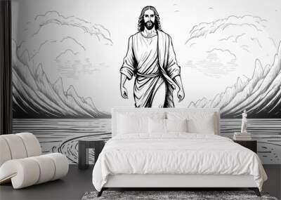 Jesus Christ walking on water, with a serene and divine expression in a pencil drawing  Wall mural