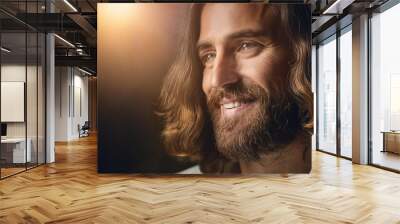 Jesus Christ with a kind and knowing smile, set against a soft, heavenly light that enhances Wall mural