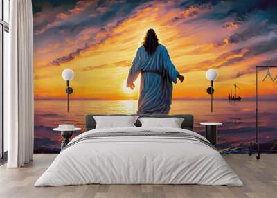 The figure of Jesus walks on water on a beautiful dramatic sunset background. Biblical theme concept. Wall mural