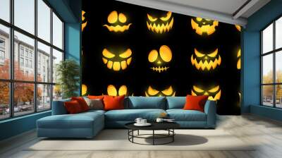 Scary and funny glowing faces of Halloween pumpkin or ghost . Vector collection. Wall mural