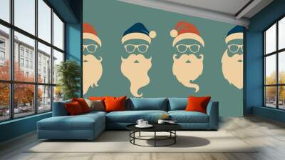 Vector set of faces with Santa hats, mustache and beards. Christmas Santa design elements. Holiday icons Wall mural