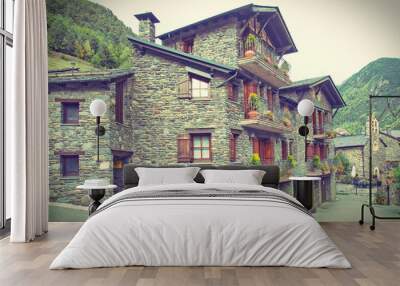 Typical traditional dark brick Andorra rural houses - postcard l Wall mural