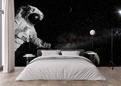 astronaut in a distant binary star system, spacewalk between alien planets (3d science illustration banner) Wall mural