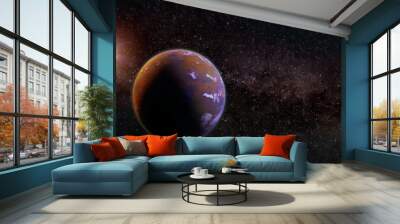 beautiful exoplanet, part of an alien binary star system with a red and blue star, science fiction scene (3d space illustration banner) Wall mural