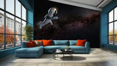 cartoon astronaut character in white space suit floating in zero gravity space Wall mural