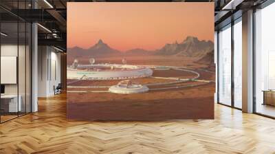 colony on Mars, first martian city in desert landscape on the red planet (3d space illustration banner) Wall mural