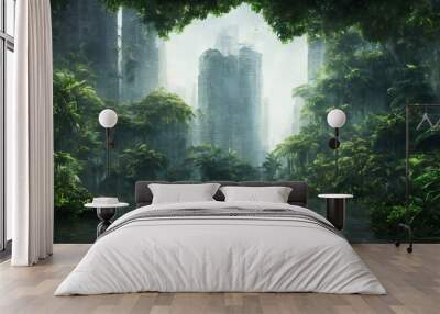 overgrown post-apocalyptic city, flooded cityscape Wall mural