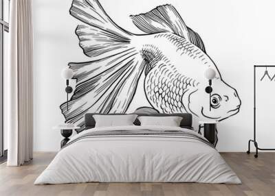 Goldfish illustration artwork  line underwater engraving black and white Wall mural