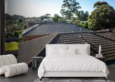 Elevated a suburban landscape viewed of textured roofs of several houses in a peaceful residential neighbourhood. The tiles show signs of weathering and there is a few vents for attic ventilation. Wall mural