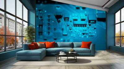 CLOSE UP COMPUTER CIRCUIT BOARD IN BLUE TONE Wall mural