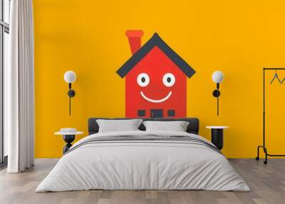 A cheerful red house illustration with cartoon features on a vibrant yellow background. Wall mural