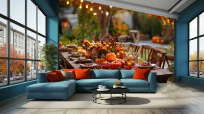 A festive autumn dinner table decorated with pumpkins, flowers, and string lights. Ideal for a cozy family gathering or Thanksgiving celebration. Wall mural