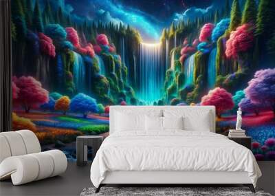 A night by the river where the waterfall gleams, colorful trees and flowers radiate in hues unseen, crafting an ethereal landscape. Wall mural