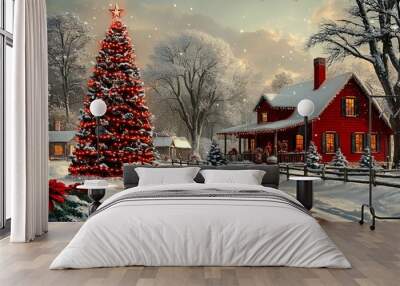 A picturesque snowy Christmas scene featuring a large decorated tree and a cozy red house with twinkling lights. Wall mural