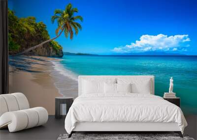 A pristine tropical beach with a leaning palm tree and clear turquoise water under a bright blue sky. Perfect for vacation, travel, or paradise themes. Wall mural