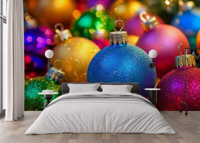 Close-up of colorful Christmas ornaments with glittery textures showcasing the festive spirit. Wall mural