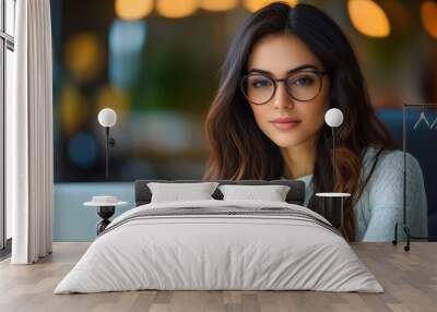 Close-up portrait of a woman wearing glasses and working on a laptop conveys focus, professionalism, and modern work culture. Wall mural