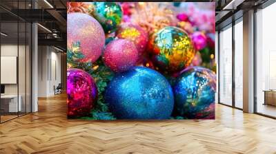 Colorful and festive Christmas tree decorations with a variety of glittering ornaments surrounded by green branches and warm lights. Wall mural