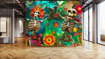 Colorful depiction of two lively skeletons celebrating amidst vibrant floral patterns. Wall mural