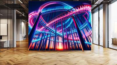 experience the thrill of an amusement park with this roller coaster image, illuminated by neon light Wall mural