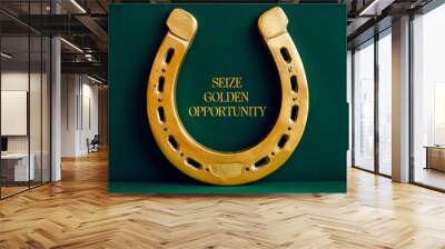 Golden horseshoe with motivational message 'Seize Golden Opportunity' on a deep green background. Wall mural