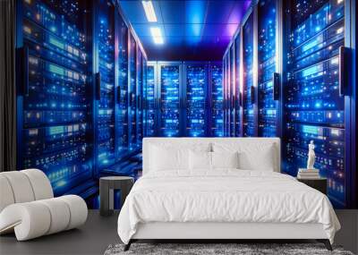 In a high-tech symphony of blue, the modern data center hums with the energy of countless servers, a digital fortress safeguarding the lifeblood of our interconnected world. Wall mural