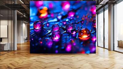 Macro close-up of vibrant water droplets, with reflections and bokeh effects on a blue surface. Wall mural