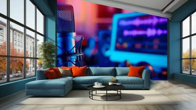 Professional broadcast-ready studio microphone with shock mount set against a blurred background of digital audio workstation, vibrant blue and purple tones add a modern, high-tech feel. Wall mural