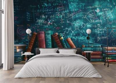 Stacked books on wood with ample copyspace on blackboard adorned with white chalk formulas. Wall mural