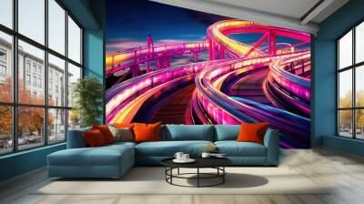 Step into a realm of thrill and spectacle on a roller coaster illuminated by dynamic lighting. Generative AI. Wall mural