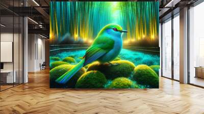 Vibrant green bird with a red eye perched on mossy stones under a magical cyan waterfall. Wall mural