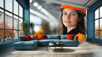 confident female engineer wearing orange hard hat and safety vest stands in industrial setting, showcasing professionalism and expertise Wall mural