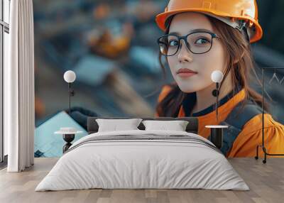 focused female engineer in safety gear reviews plans at construction site Wall mural